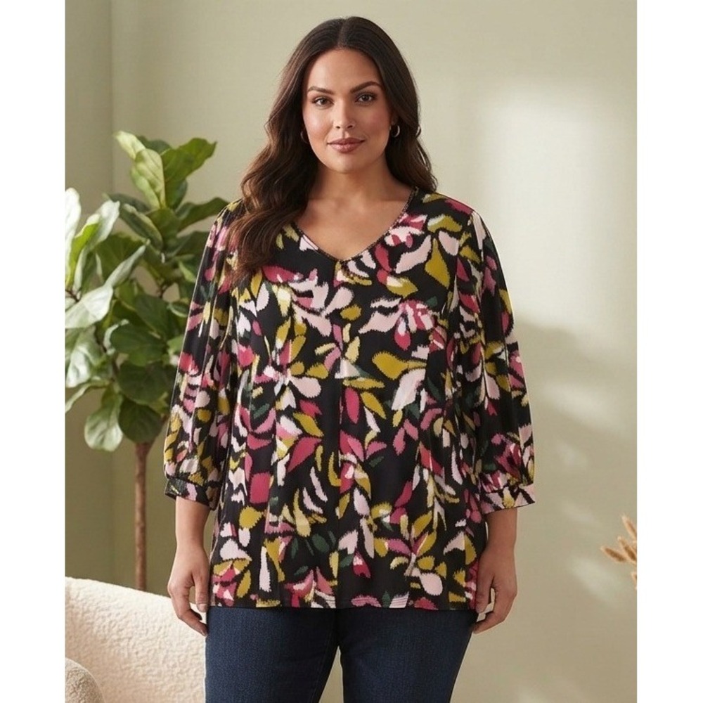 Susan Graver 3/4 Sleeve Abstract Floral Top Womens 3X Colorful Artsy Tunic VNeck
